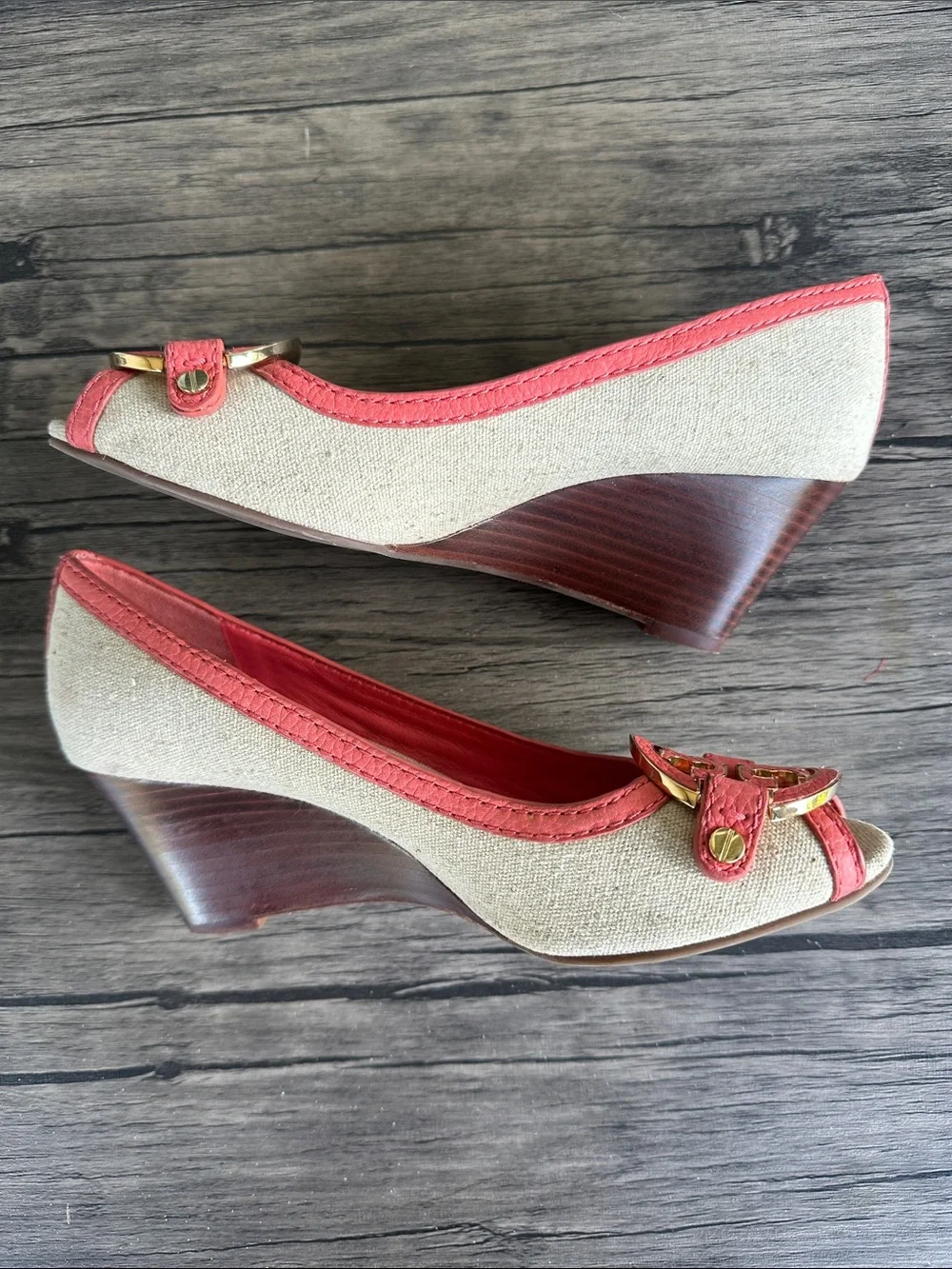 Tory Burch Coral-Trim Peep-Toe Wedges with Gold Logo